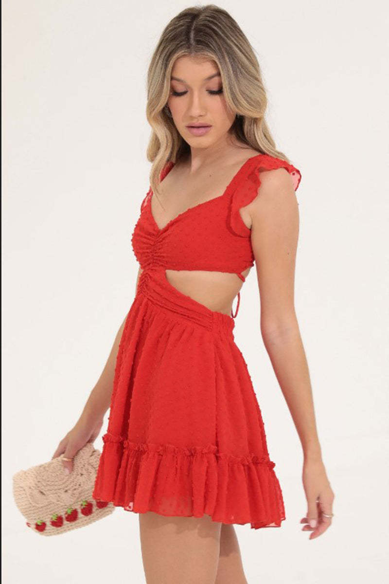 Cut Out Back Lace Up Ruffle Sleeveless Party Mini Dresses-Black