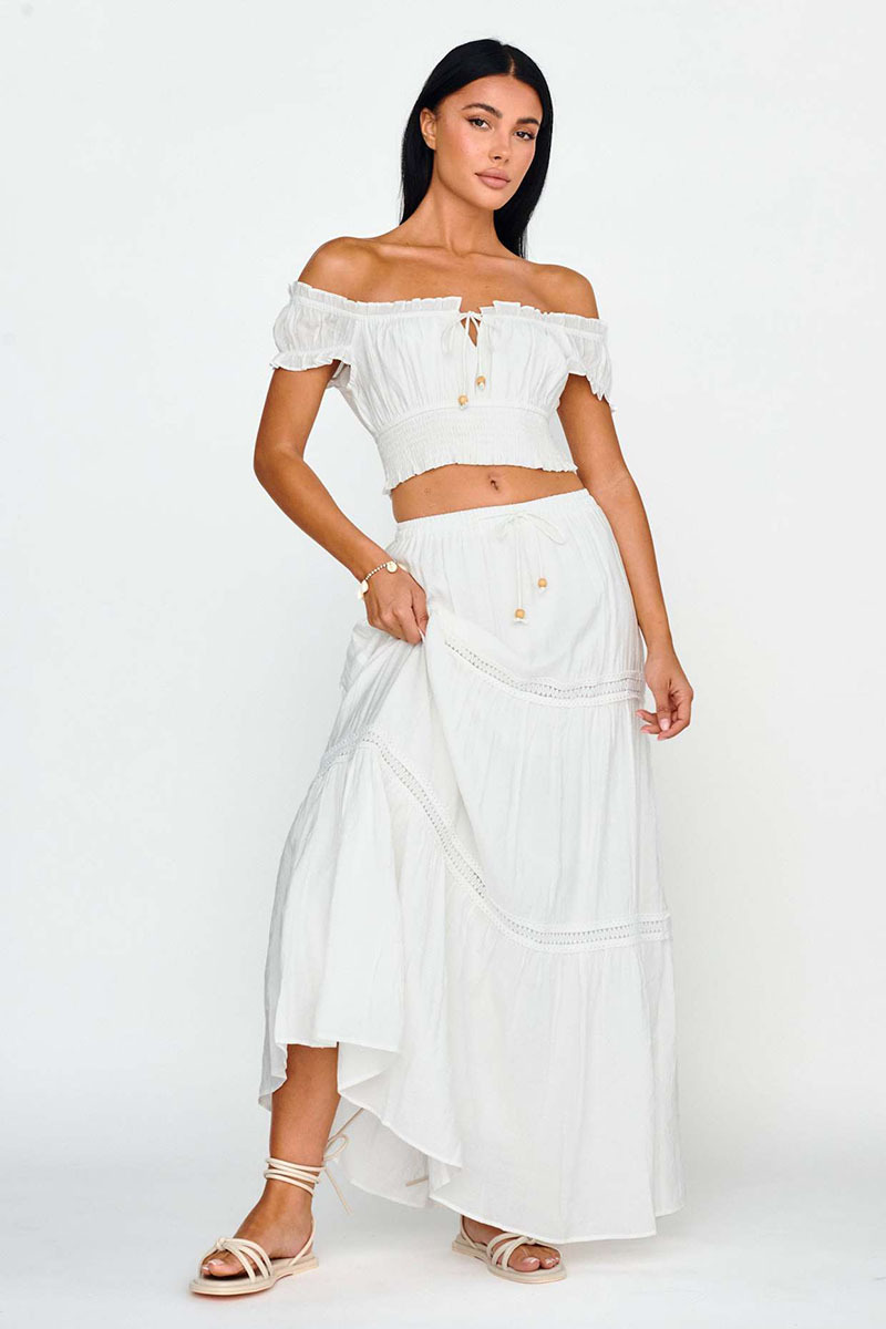 Off Shoulder Short Sleeve Ruched Top Quilted Maxi Skirt Matching Set-White