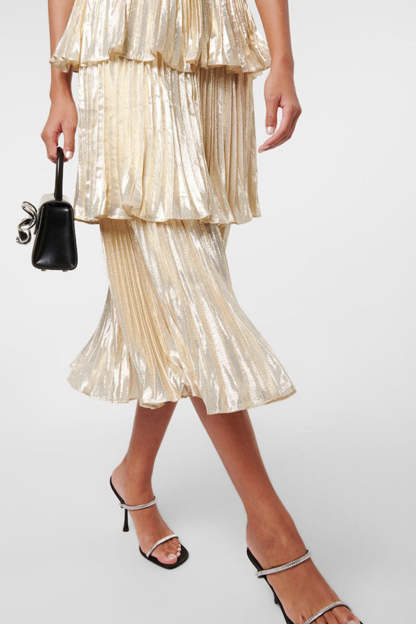 Diamante Straps Pleated Layered Party Satin Midi Slip Dresses-Champagne