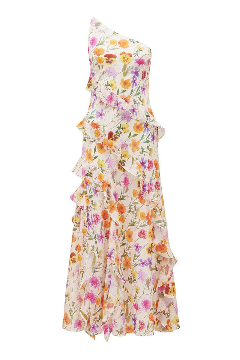 One Shoulder Multicolor Floral Print Flounced Maxi Dresses-Beige