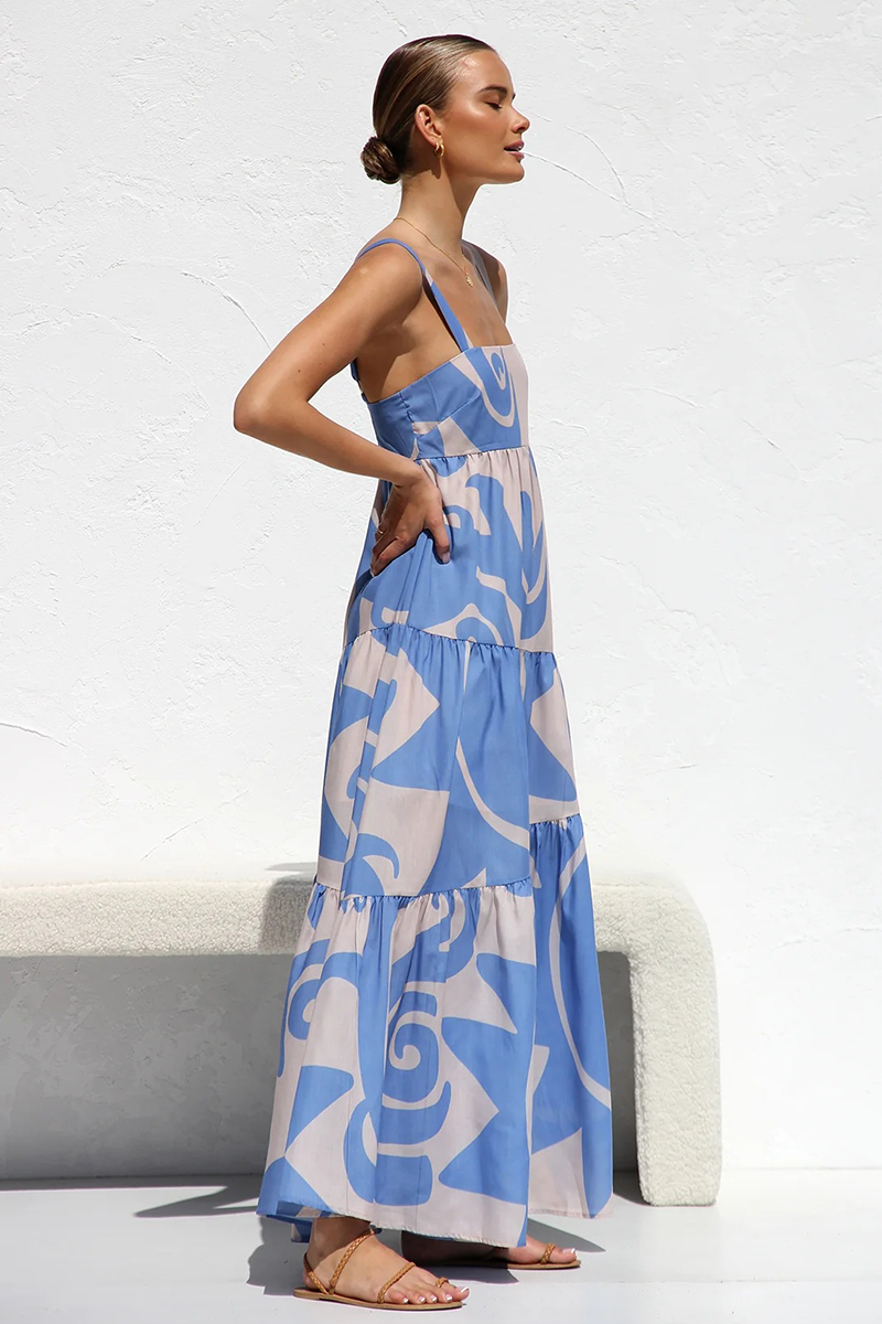 Graphic Print Thick Straps Boat Neck A-Line Vacation Maxi Dresses-Blue
