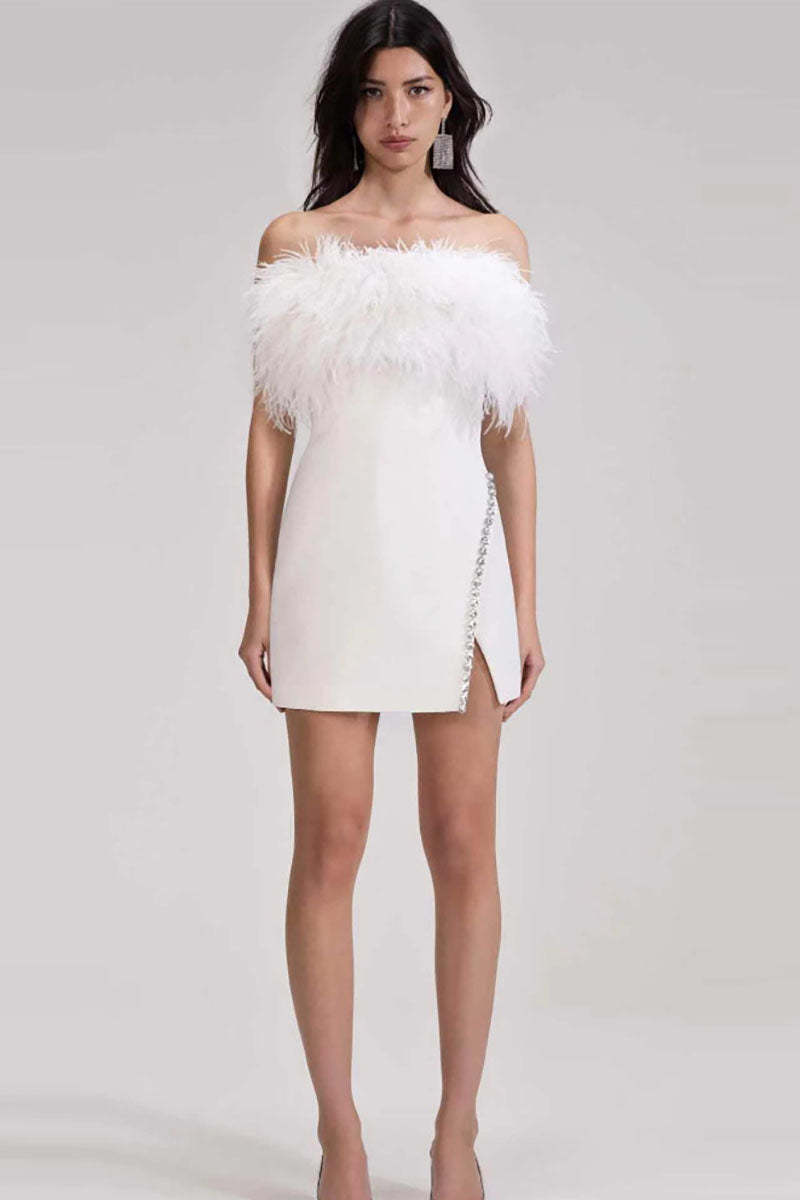 Feather Strapless Slim Fit Rhinestone Trim Slit Cocktail Party Mini Dresses-Black