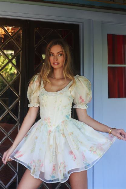 Puff Sleeve Corset Floral Mesh Layered Curved Mini Dresses-Beige