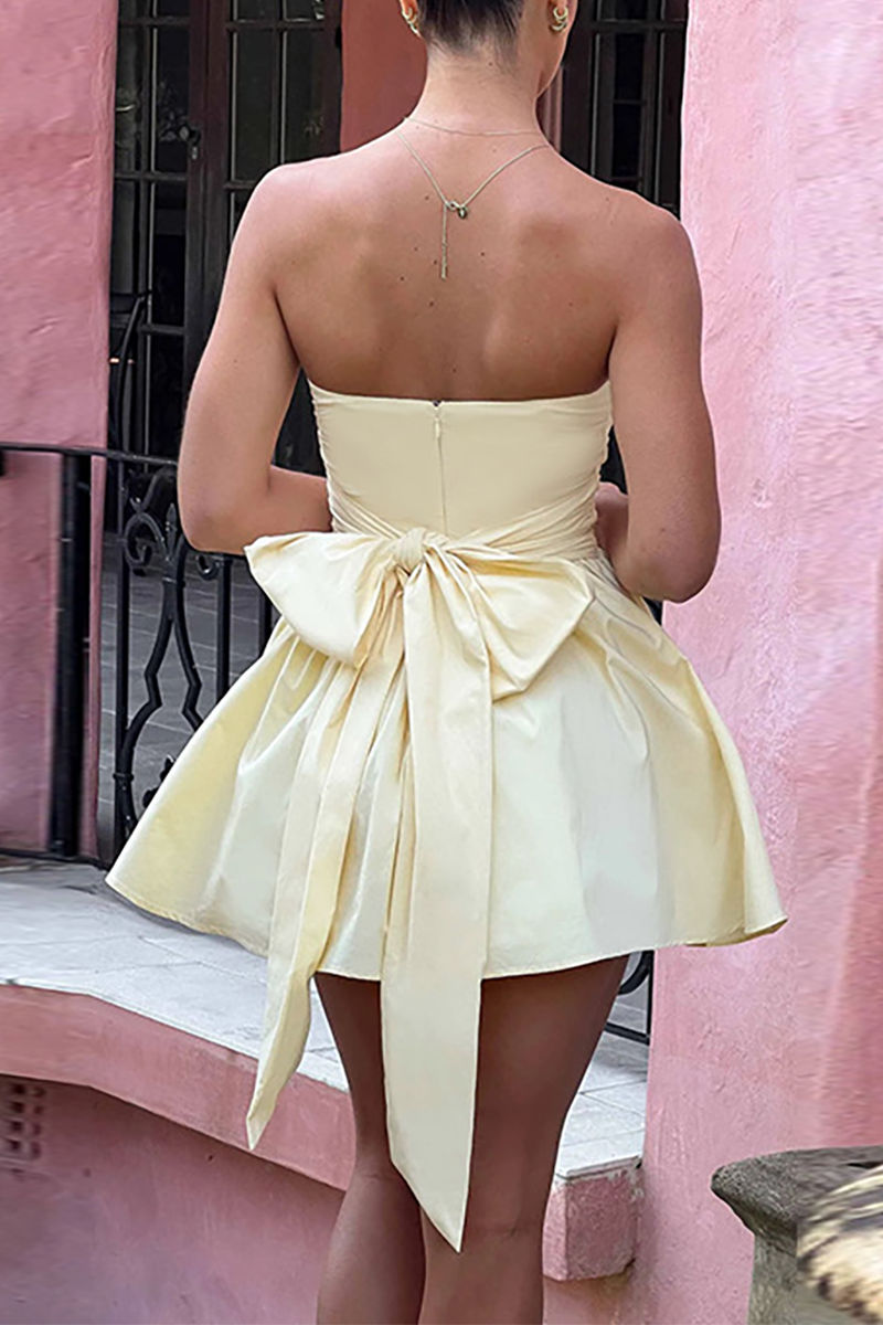 Boat Neck A-Line Pleated Hem Back Bow Mini Tube Dresses-Yellow