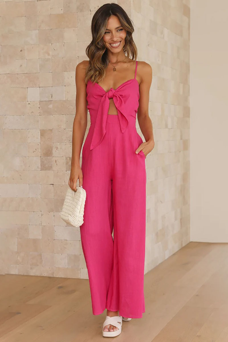 Knotted Cutout V Neck Slip Casual Jumpsuit