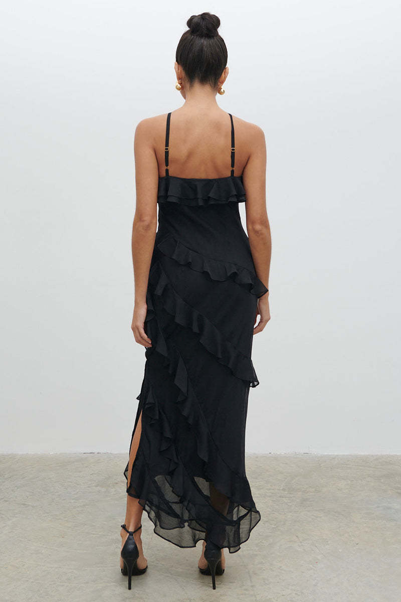 Cross Cami Asymmetric Ruffle Birthday Party Maxi Dresses-Black Pre Order