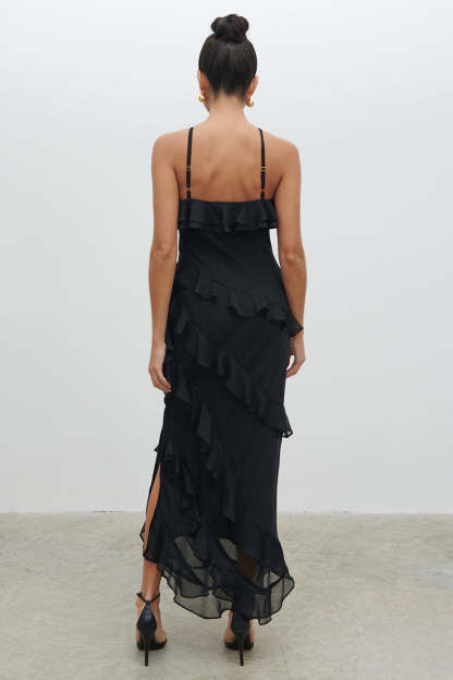 Cross Cami Asymmetric Ruffle Birthday Party Maxi Dresses-Black Pre Order