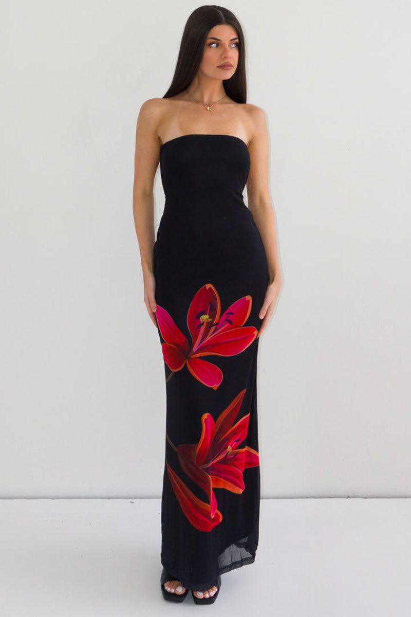 Floral Print Slim-Fit Formal Party Maxi Tube Dresses-Black