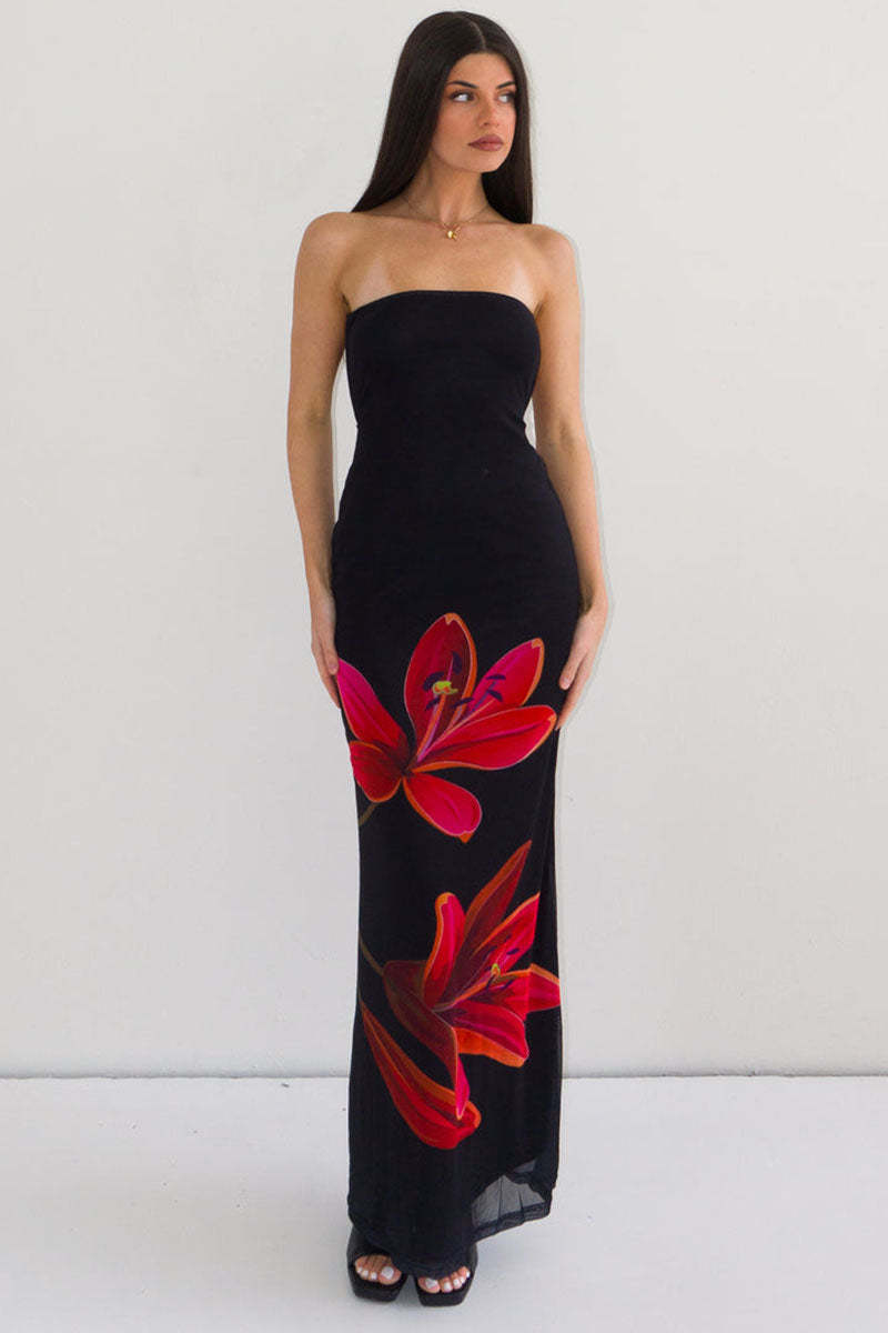 Floral Print Slim-Fit Formal Party Maxi Tube Dresses-Black
