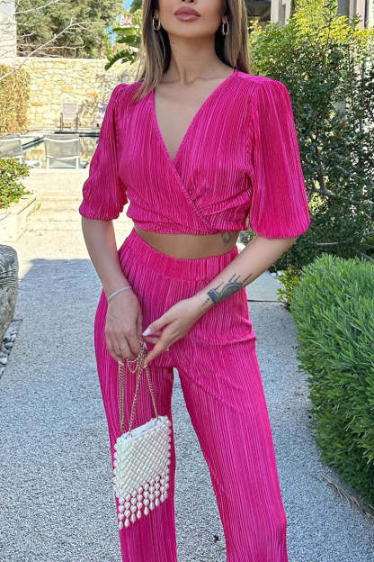 Haif Puffy Sleeve V Neck Tied Up Crop Top Straight Leg Pants Pleated Slim Matching Sets