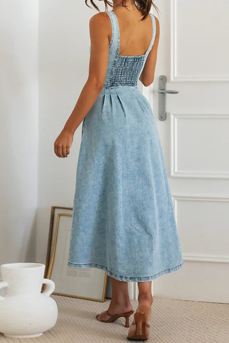 Irregular Neck Cinch Waist Button Up Denim Slip Midi Dresses-Blue