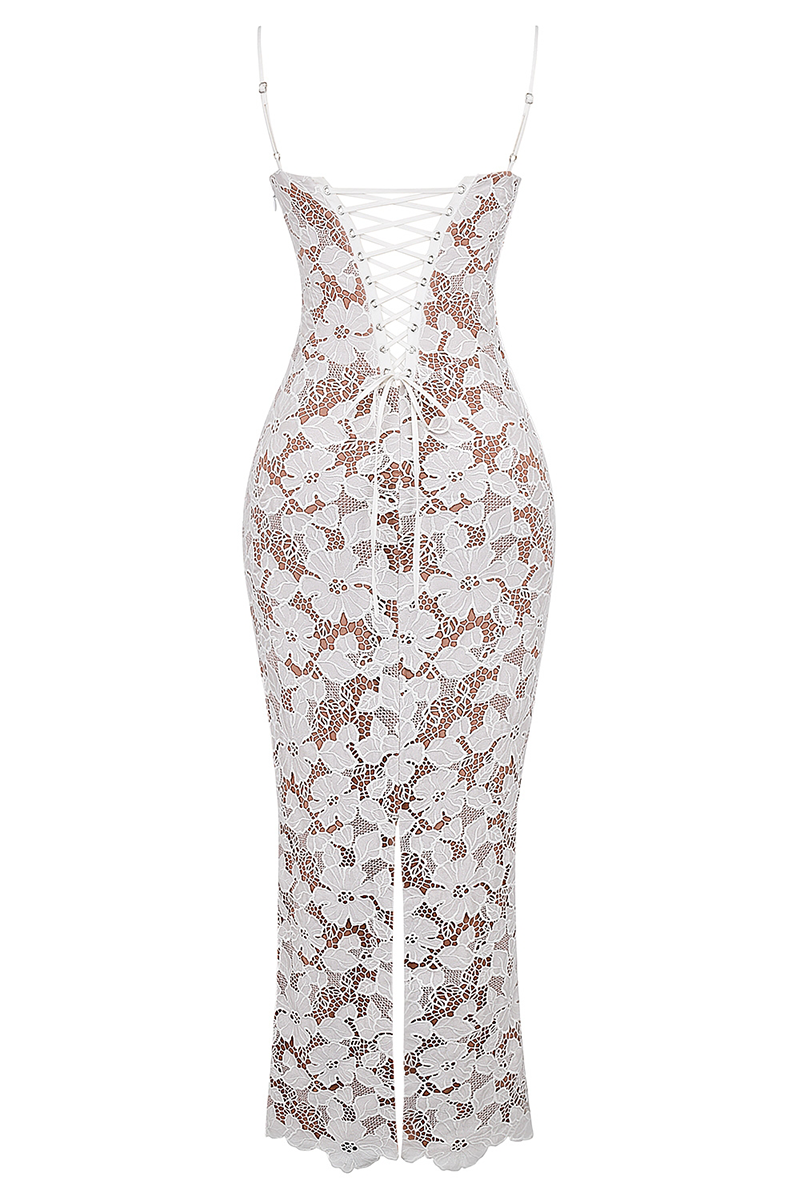 Floral Embroidery Bodycon Spaghetti Strap Maxi Dresses-White