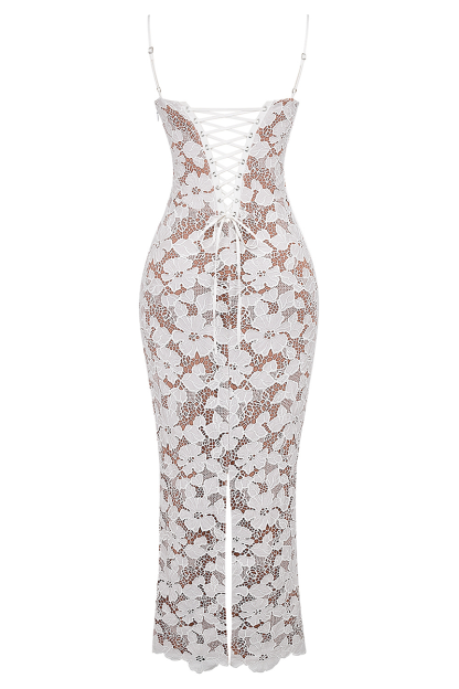 Floral Embroidery Bodycon Spaghetti Strap Maxi Dresses-White