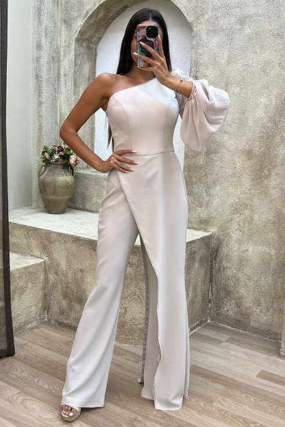 One Shoulder Single Lantern Sleeve Irregular Trim Flared Leg Jumpsuit-Black