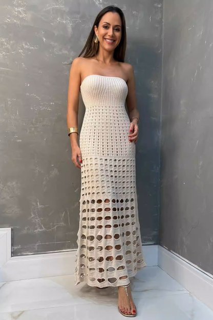 Knit Strapless Slim Fit Hollow Out Vacation Maxi Dresses-White
