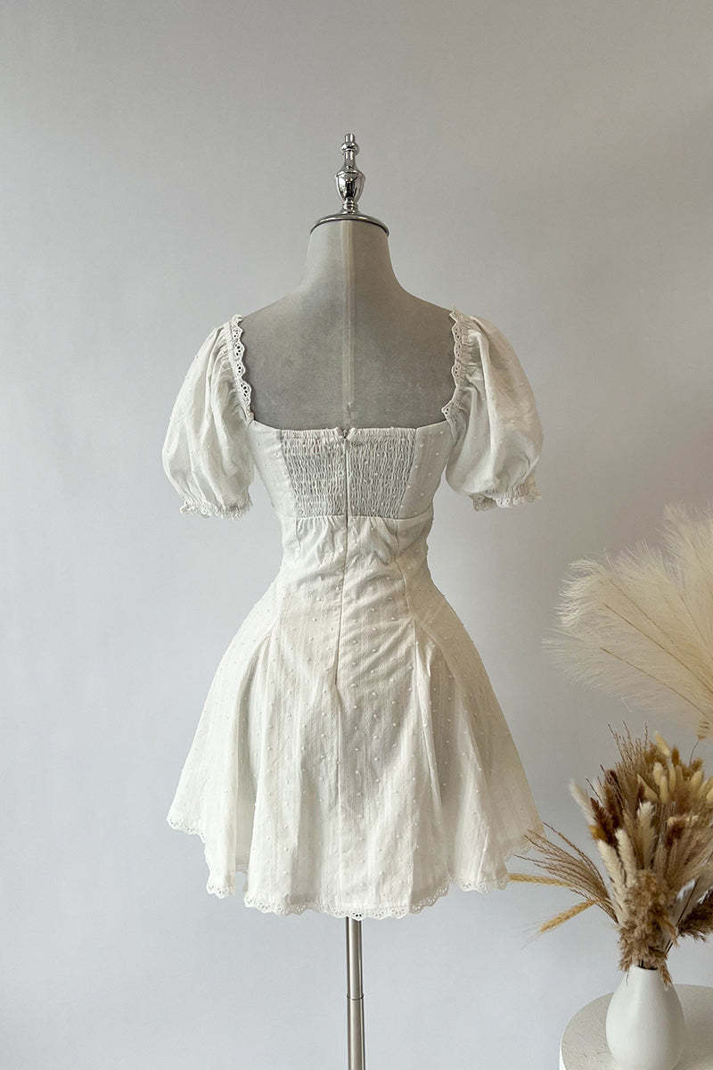 Square Neck Puff Sleeve Striped Godets Mini Dresses-White