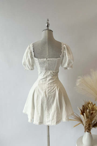 Square Neck Puff Sleeve Striped Godets Mini Dresses-White