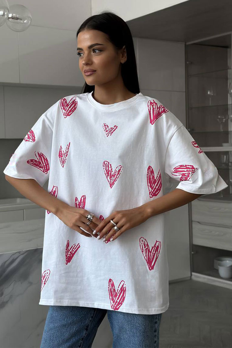 Heart Print Half Sleeve Loose Fit Casual T-shirt-White