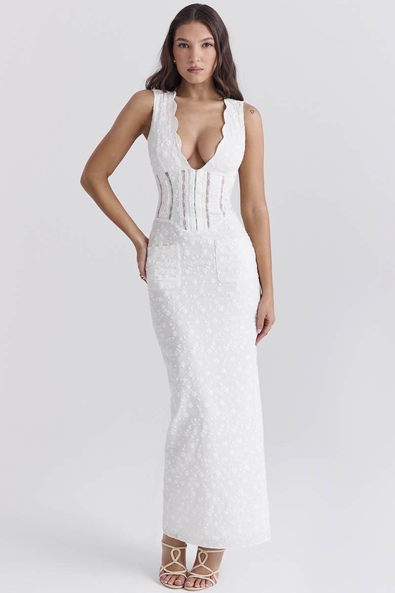 Deep V Neck Cinch Waist Floral Embroidery Maxi Tank Dresses-White
