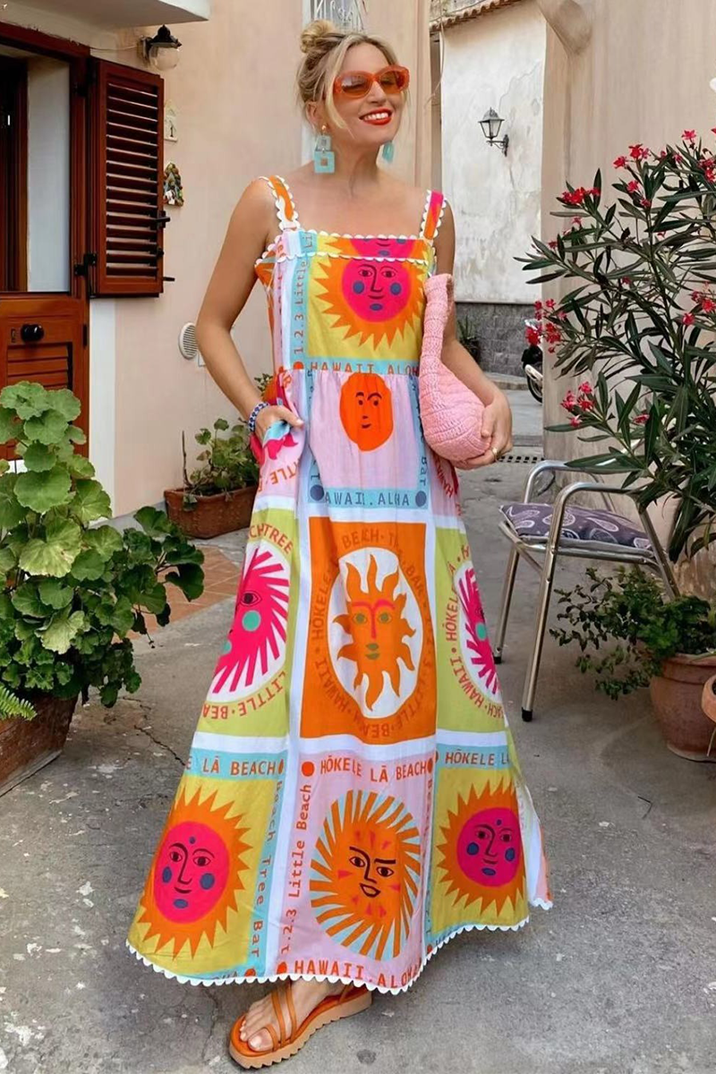 Abstract Print Thick Straps Wavy Trim Side Slit A-Line Maxi Dresses-Orange