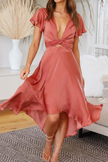 Deep V Neck Petal Sleeve Cut Out Irregular Hem Flowy Midi Dress