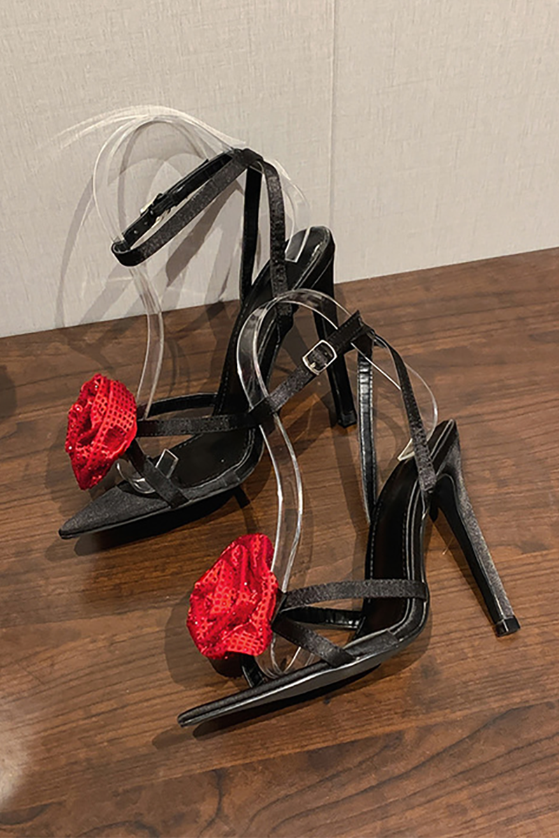 Pointy Peep-Toe 3D Flower Decor Ankle Strap Stiletto Heels-Black