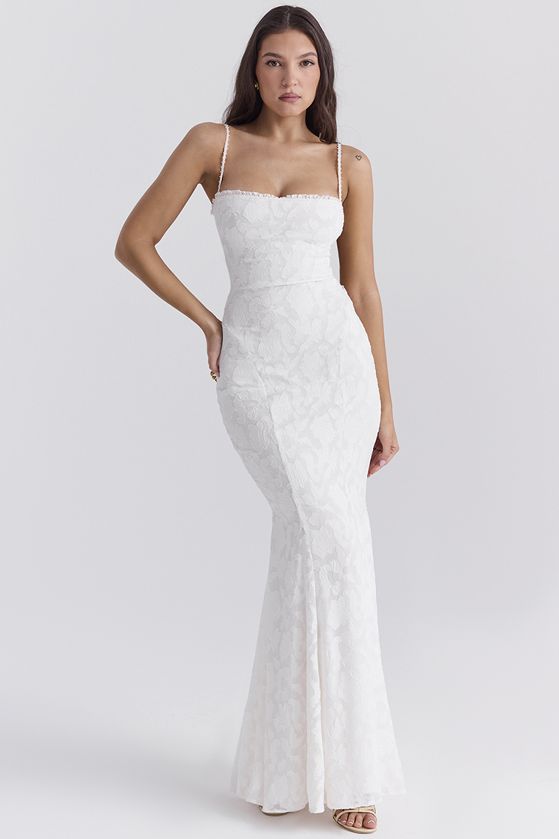 Jacquard Lace Back Lace Up Fishtail Hem Slip Maxi Dresses-White