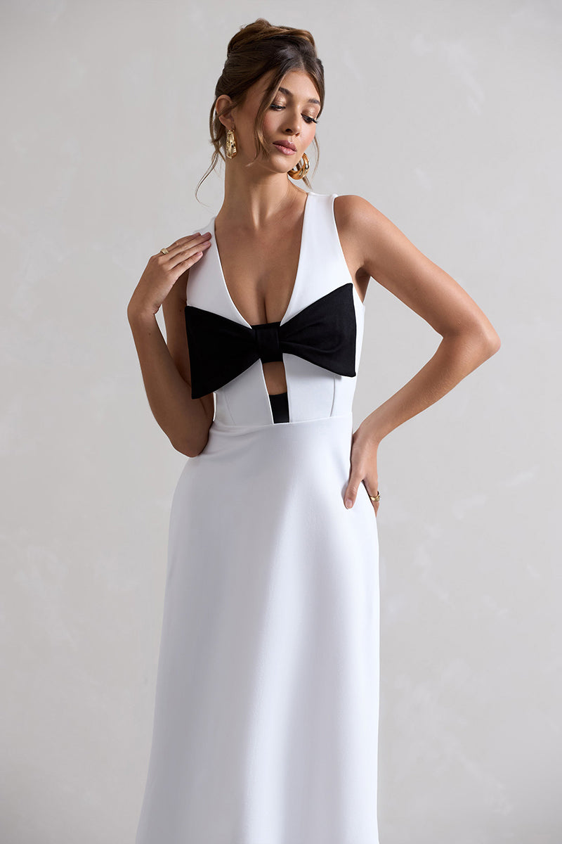 Plunge Neck Bowknot Decor Sleeveless Midi Dresses-White