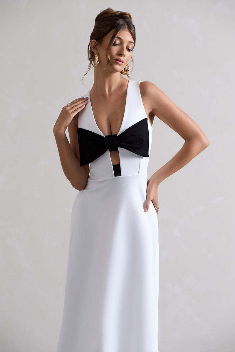 Plunge Neck Bowknot Decor Sleeveless Midi Dresses-White