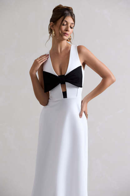 Plunge Neck Bowknot Decor Sleeveless Midi Dresses-White