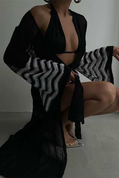 Knit Ripple Pattern Bell Sleeve Front Tie Up Cover Ups Long Cardigan-White