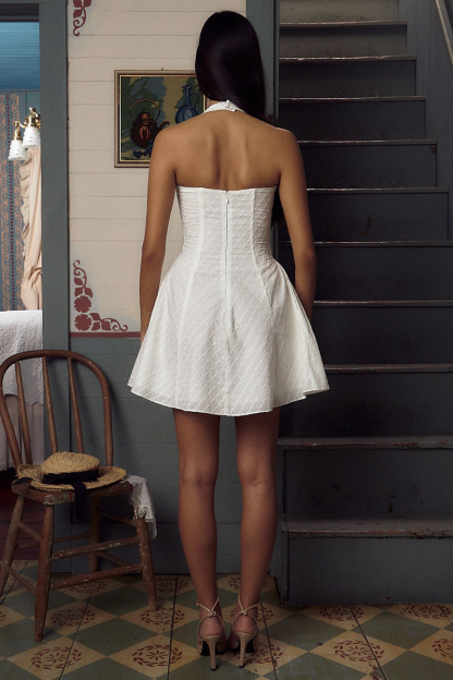 Lace Trim Halter Neck Lace Up A-Line Sleeveless Jacquard Mini Dresses-White