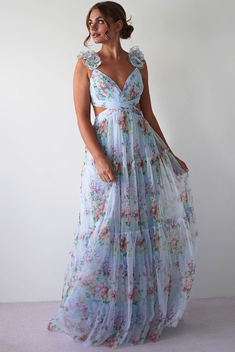 Frill Straps Cutout Tie Up Floral Print Tulle Maxi Dresses-Blue Pre Order