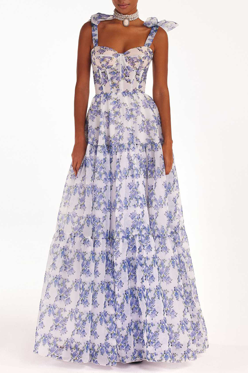 Floral Print Tie Up Cami Cinch Waist Tulle Elegant Gowns Maxi Dresses-Blue