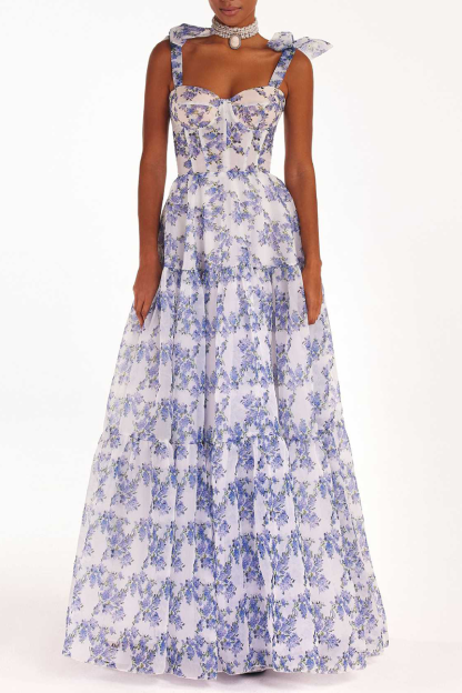 Floral Print Tie Up Cami Cinch Waist Tulle Elegant Gowns Maxi Dresses-Blue