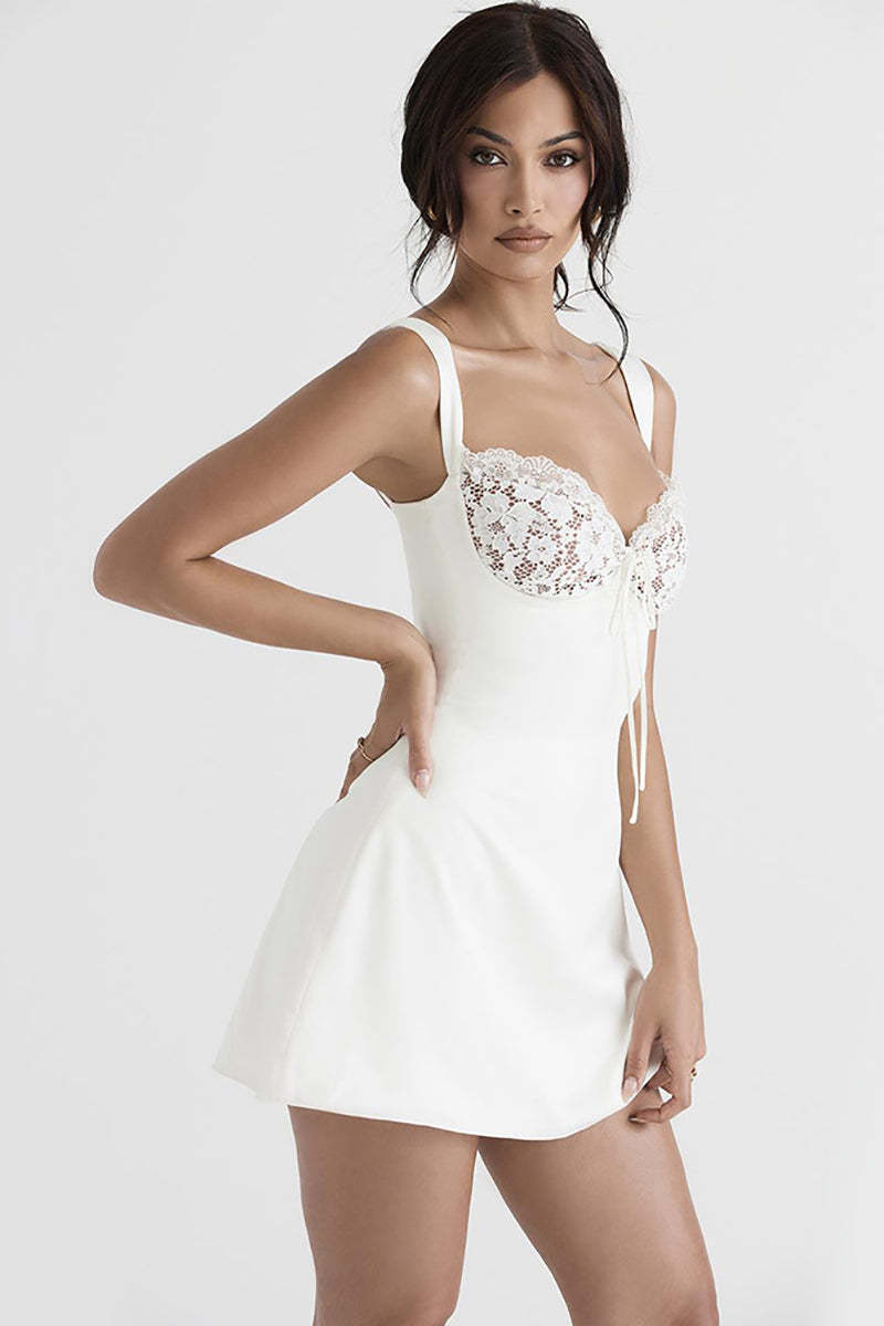 Lace Embroidery Square Back Sleeveless Mini Dresses