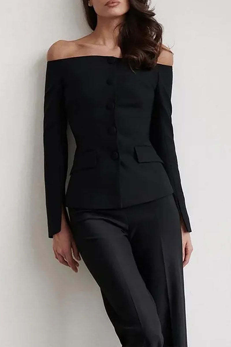 Off Shoulder Long Sleeve Button Up Top Straight Leg Pants Matching Set-Black