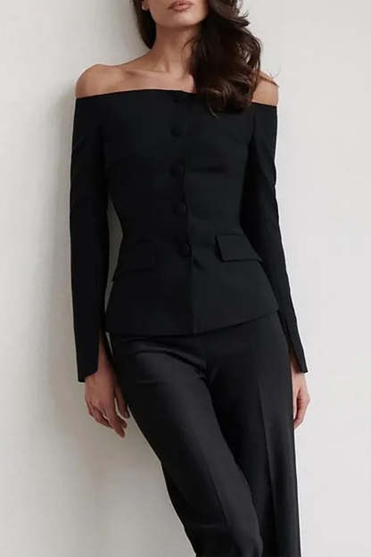 Off Shoulder Long Sleeve Button Up Top Straight Leg Pants Matching Set-Black