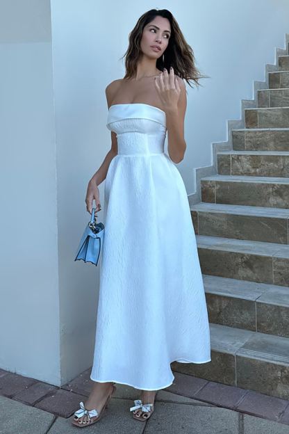 Strapless Cinch Waist Textured Elegant Gowns Maxi Dresses-White Pre Order