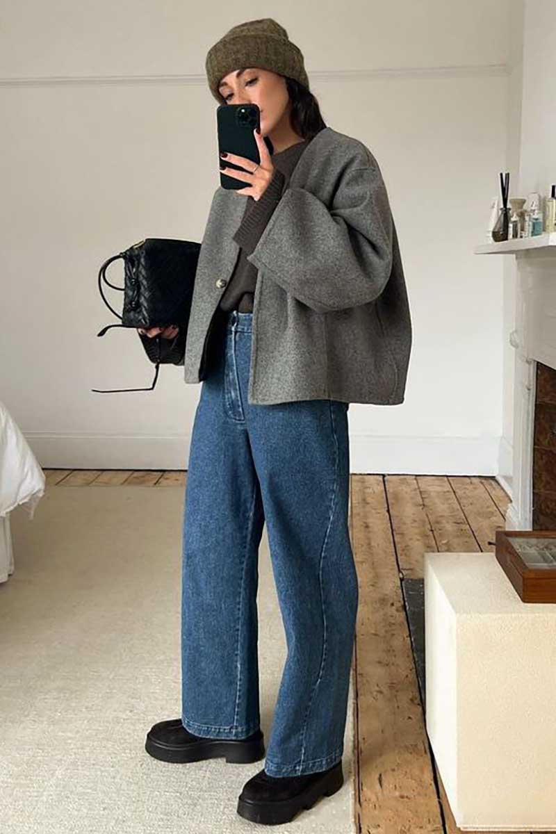 Open Front Long Sleeve Loose Fit Plain Woolen Cardigan-Grey