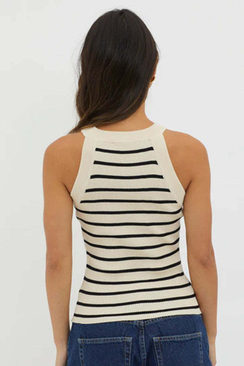 Casual Striped Print Slim Fit Ribbed Knit Tank Top-Blue