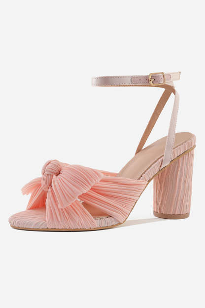Pleated Bow Ankle Strap Chunky High Heel Sandals
