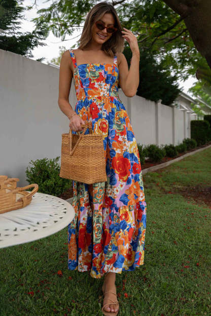 Square Neck Sleeveless Floral Print Pleated Vacation Maxi Dresses