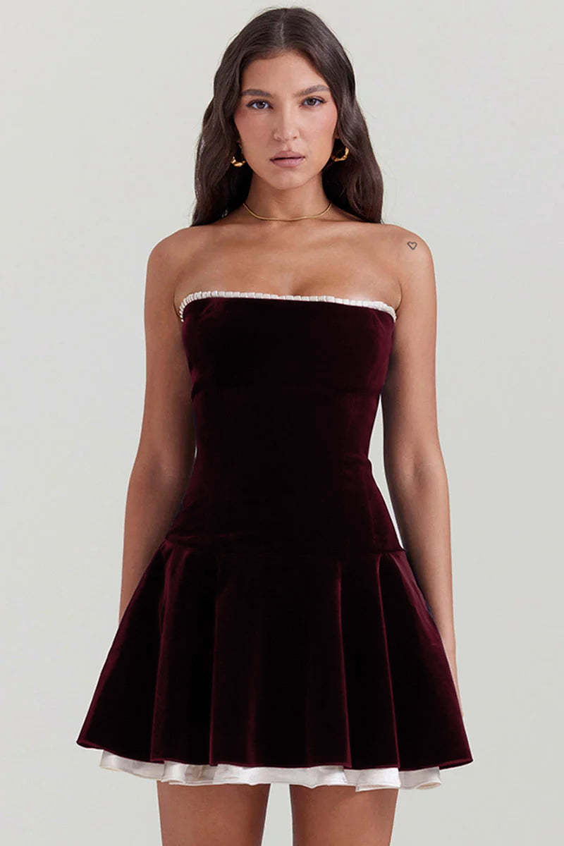 Velvet Strapless Lace Up Corset A-Line Pleated Mini Dresses-Black