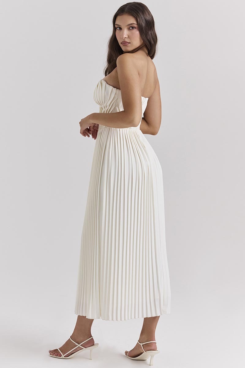 Strapless Corset Pleated Elegant Party Gown Midi Dresses-White