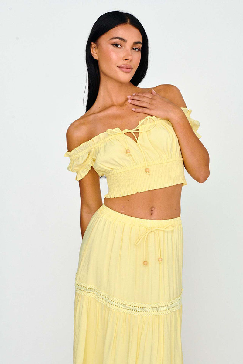 Off Shoulder Short Sleeve Ruched Top Quilted Maxi Skirt Matching Set-White