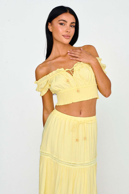 Off Shoulder Short Sleeve Ruched Top Quilted Maxi Skirt Matching Set-White