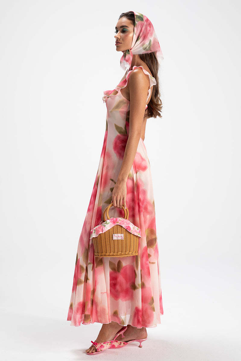 Ruffle Trim Floral Print Sleeveless Vacation Maxi Dresses-Pink
