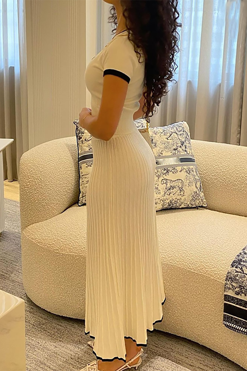 Knit Colorblock Trim V Neck Crop Top Pleated Midi Skirt Matching Set-White