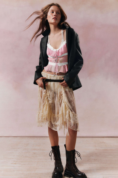 Colorblock Lace Trim Tie-Up Ribbon Crop Cami-Purple